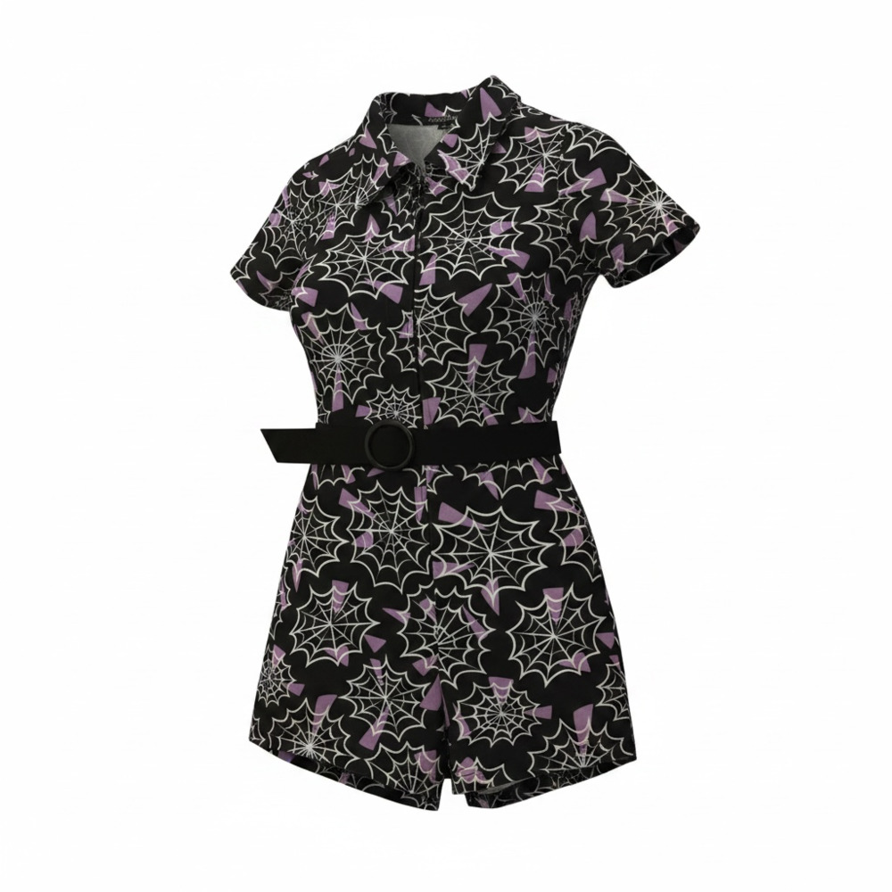 Smak Parlour Black & Purple Spiderweb Print Romper With Belt Size L